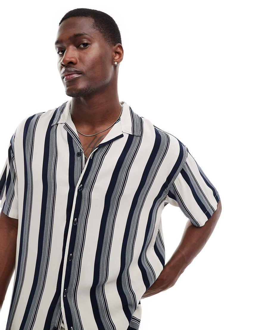 Jack & Jones oversized revere collar shirt in navy stripe-White