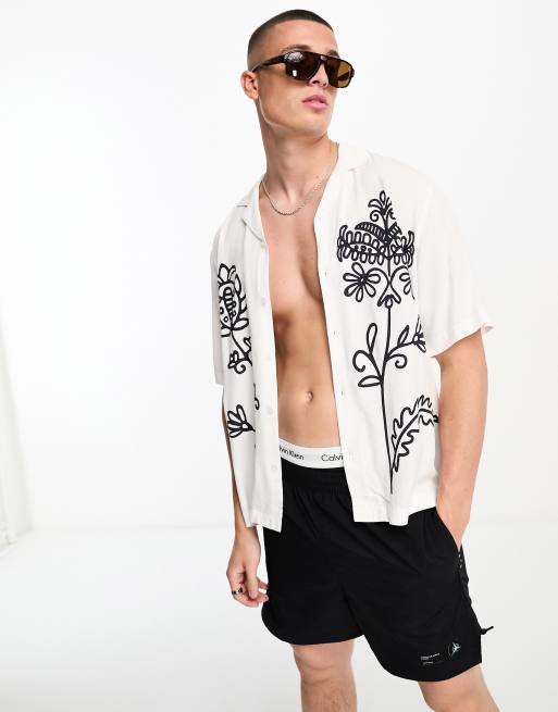 Jack & Jones oversized shirt with leaf placement print in white