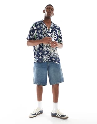 Jack & Jones Oversized Shirt With Tile Print-navy