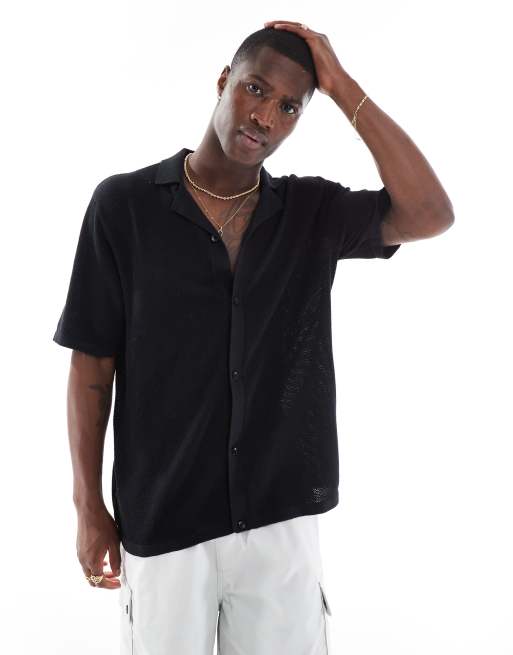 Jack & Jones - Oversized, strikket og sort poloskjorte med knapper 