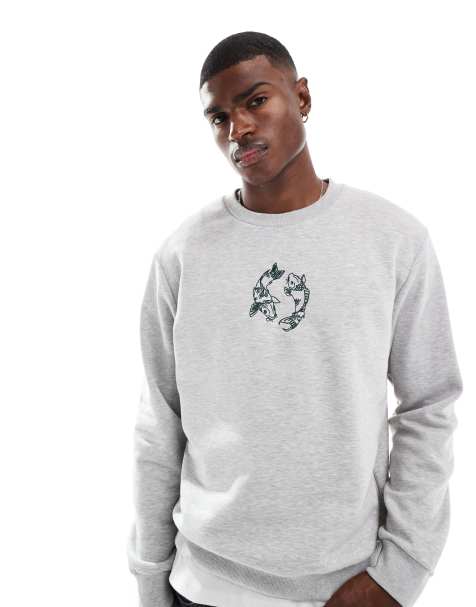 Jack & Jones oversized sweat with carp embroidery in light gray melange - view 1
