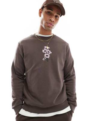 Jack & Jones Oversized Sweat With Daisy Embroidery In Brown