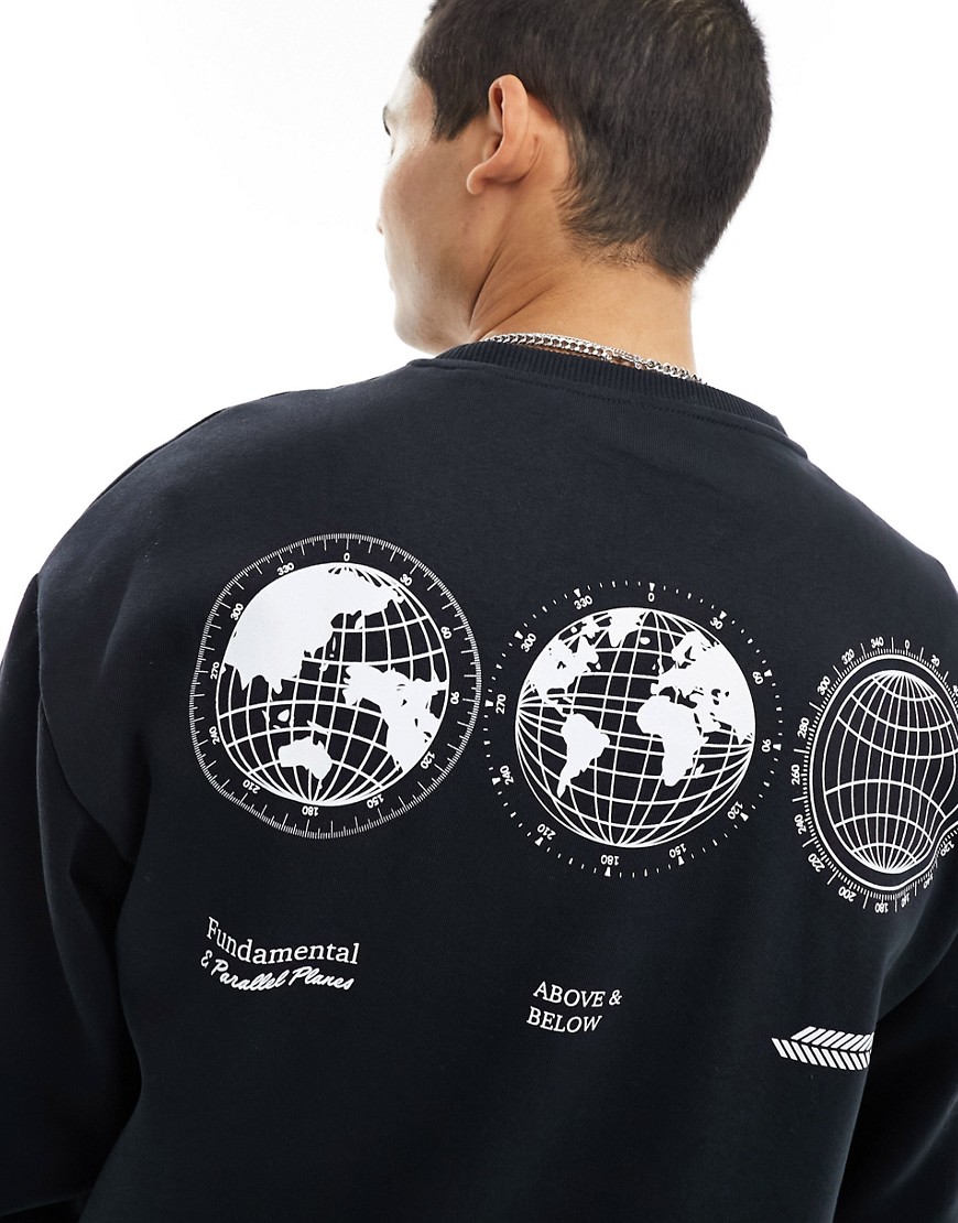 Jack & Jones oversized sweat with globe back print in black