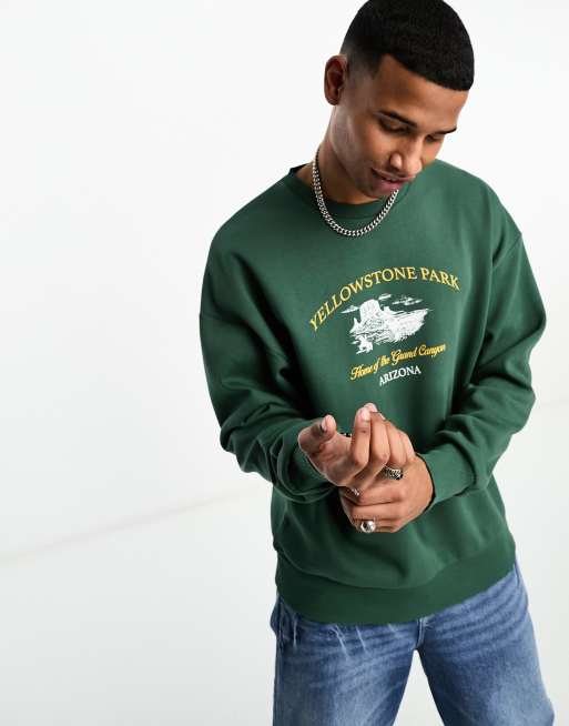 Jack u0026 Jones oversized sweat with Yellowstone Park print in green | ASOS