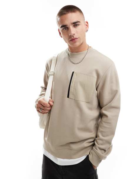 Jack & Jones - Oversized sweater met wassing, ronde hals en nylon borstzak in beige - view 1