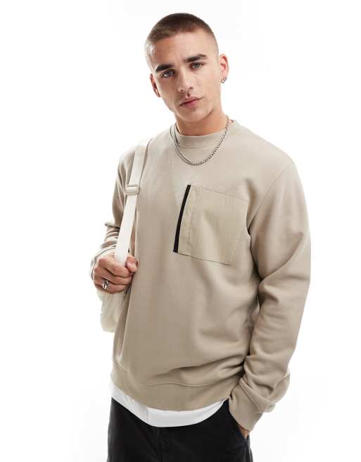 Jack & Jones - Oversized sweater met wassing, ronde hals en nylon borstzak in beige