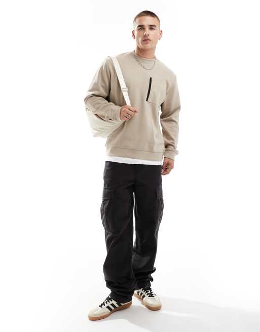 Jack & Jones - Oversized sweater met wassing, ronde hals en nylon borstzak in beige, 2 van 4
