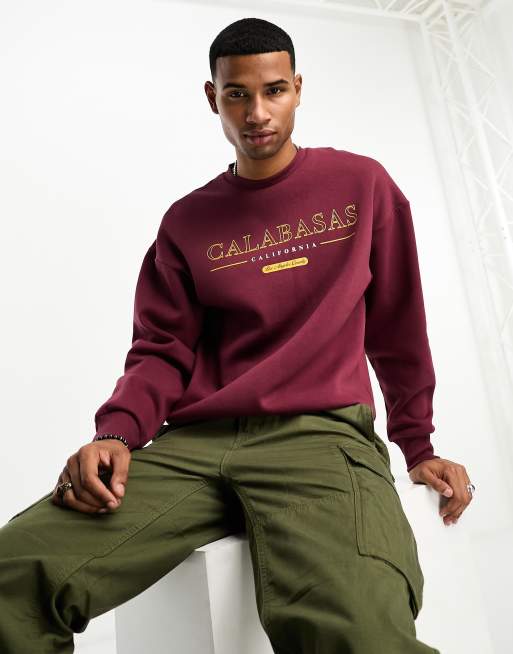 Jack & Jones oversized sweatshirt with Calabasas print in burgundy