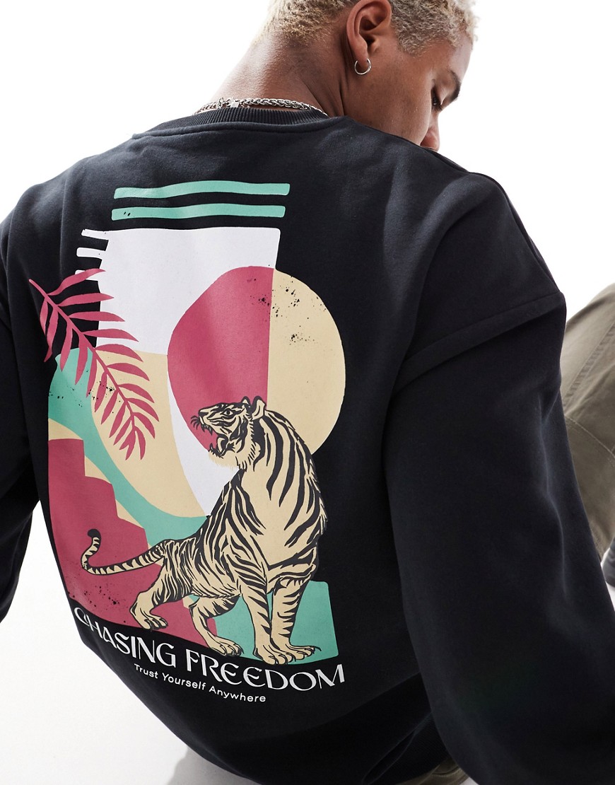 Jack & Jones oversized sweatshirt with tiger back print in black