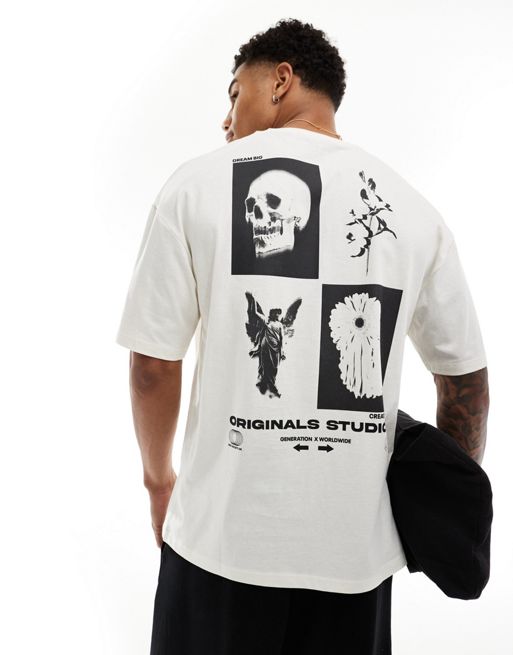 Jack & Jones - Oversized T-shirt met doodshoofdprint op de achterkant in gebroken wit