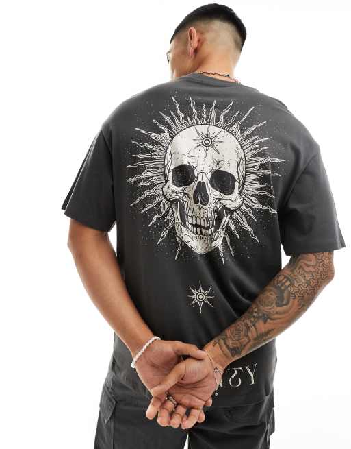 Jack & Jones - Oversized T-shirt met schedelprint op de rug in grijs met wassing