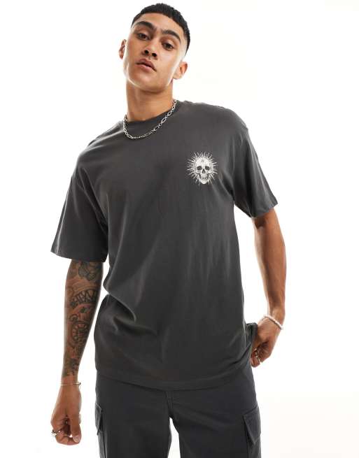 Jack & Jones - Oversized T-shirt met schedelprint op de rug in grijs met wassing, 4 van 4