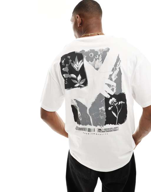 Jack & Jones - Oversized T-shirt met zwart-witte bloemenprint op de achterkant in wit