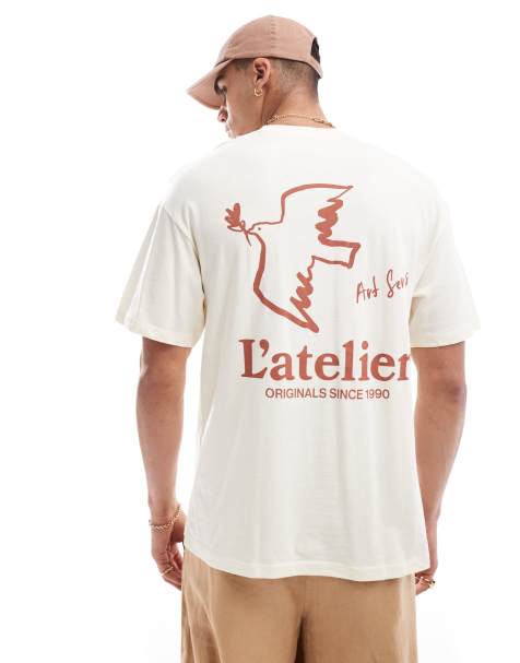 Jack & Jones oversized t-shirt with bird art backprint in cream - view 1