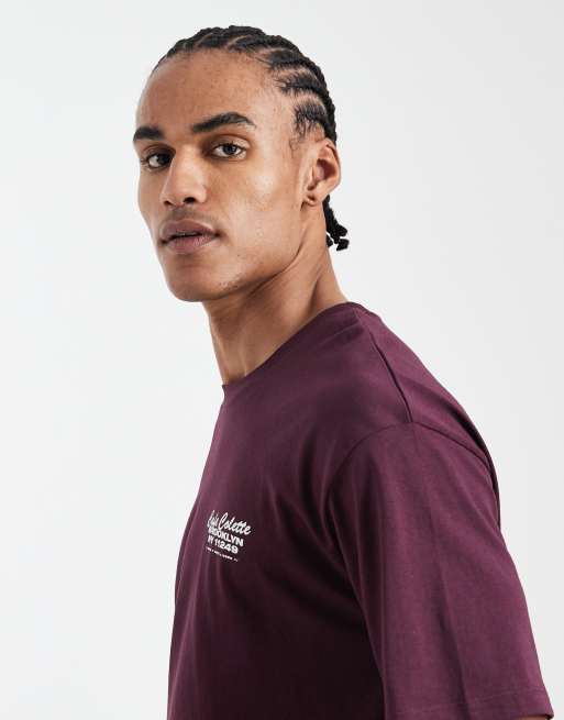 Jack & Jones oversized T-shirt with cafe backprint in burgundy | ASOS