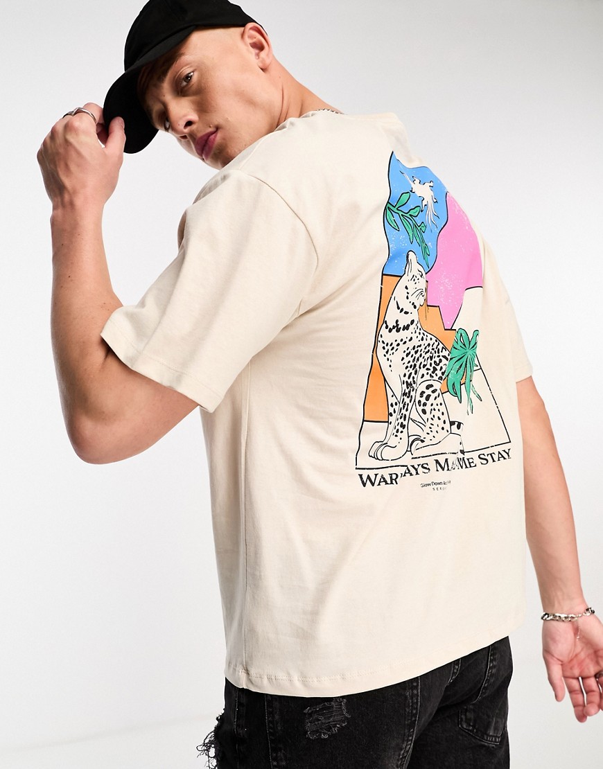 Jack & Jones oversized t-shirt with cat back print in beige-Neutral