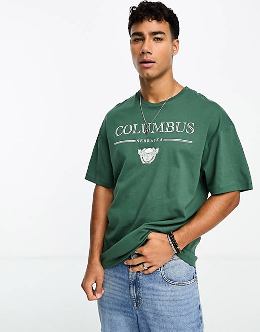 Jack & Jones oversized t-shirt with Columbus print in green | ASOS