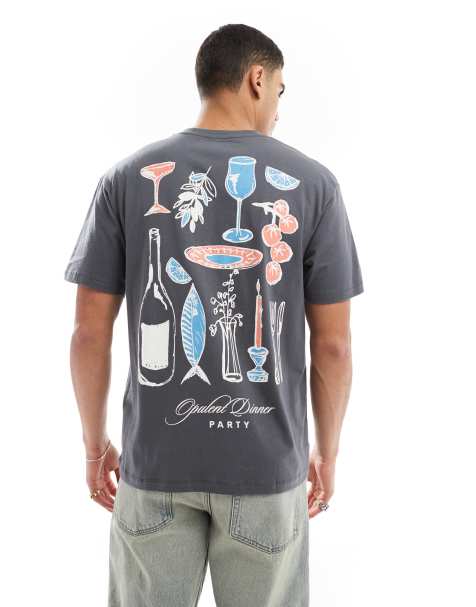 Jack & Jones oversized t-shirt with dinner party print in dark gray - view 1