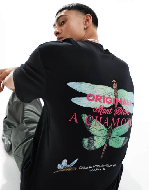 Jack & Jones oversized t-shirt with dragonfly print in black