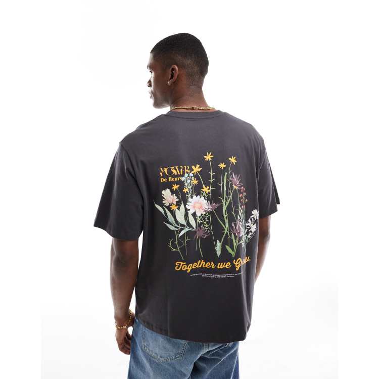 Jack & Jones oversized t-shirt with flower back print in dark gray