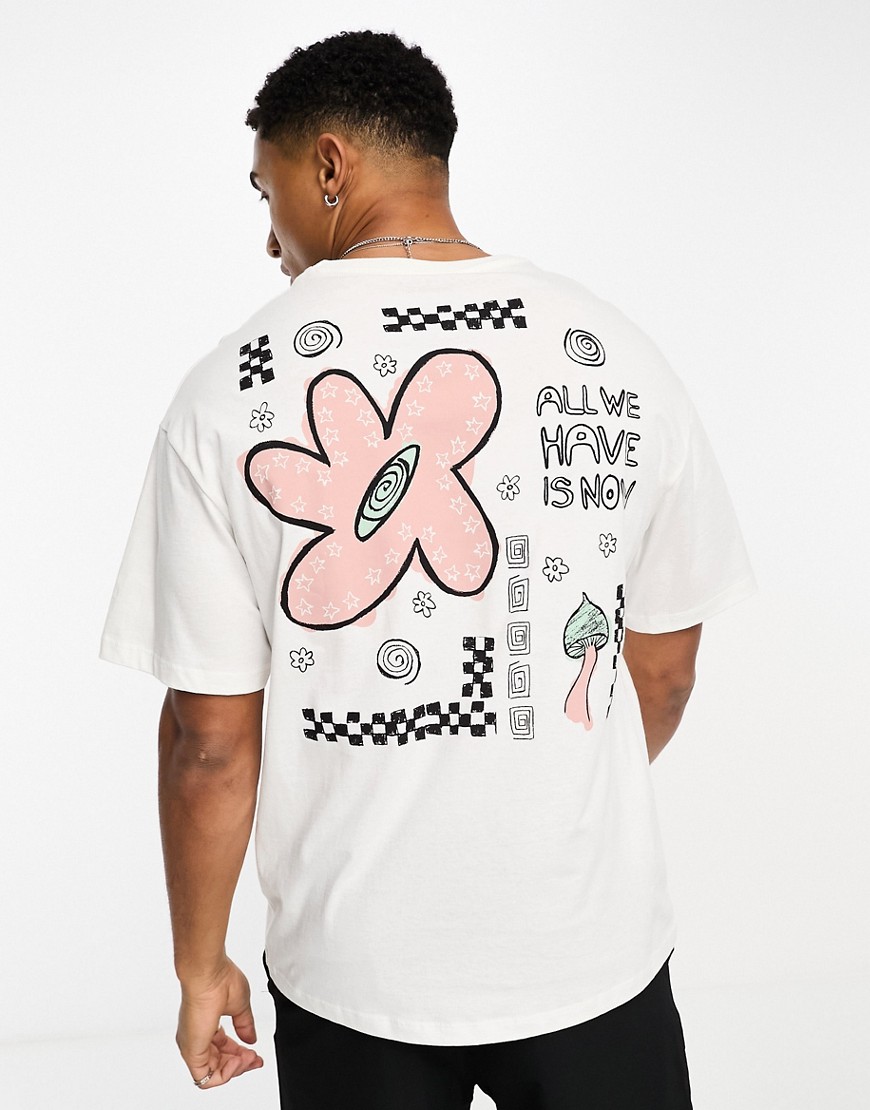 jack & jones oversized t-shirt with flower back print in off white