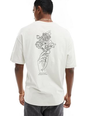 Jack & Jones oversized t-shirt with flower sketch back print in beige