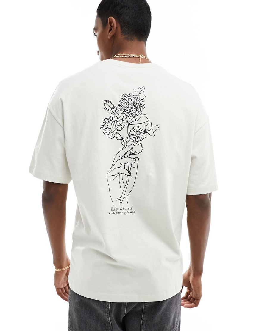 Jack & Jones oversized t-shirt with flower sketch back print in beige-Neutral