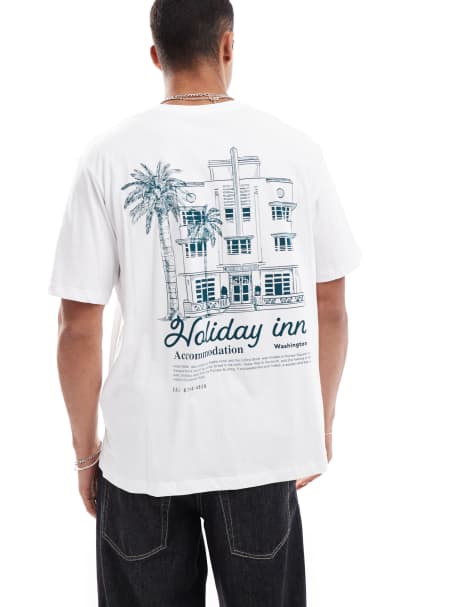 Jack & Jones oversized t-shirt with holiday inn back print in white - view 1
