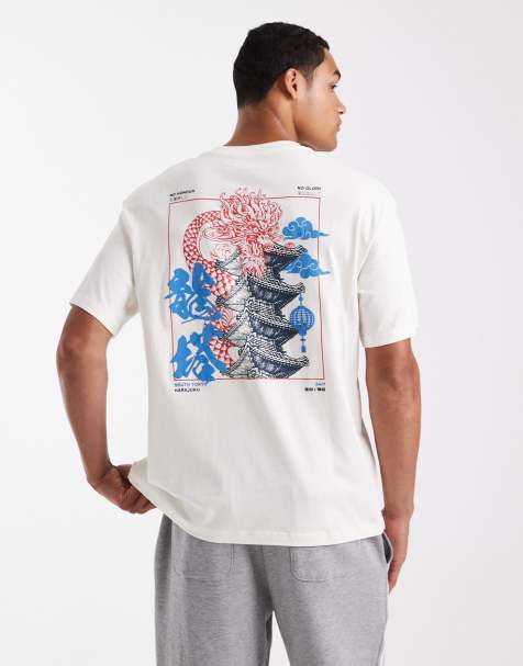 Jack & Jones oversized t-shirt with japanese dragon print in off white - view 1