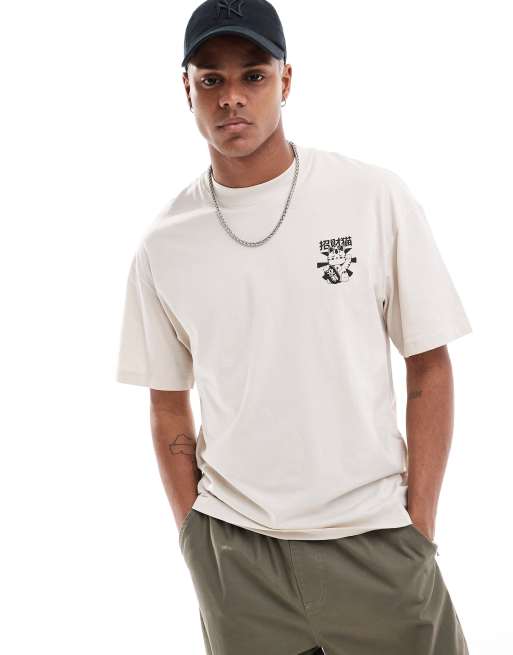 Jack & Jones oversized t-shirt with lucky cat back print in beige