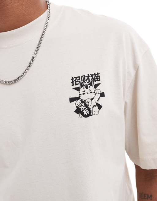 Jack & Jones oversized t-shirt with lucky cat back print in beige