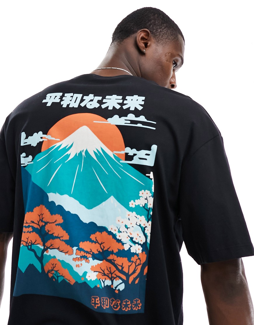 Jack & Jones oversized t-shirt with mountain back print in black
