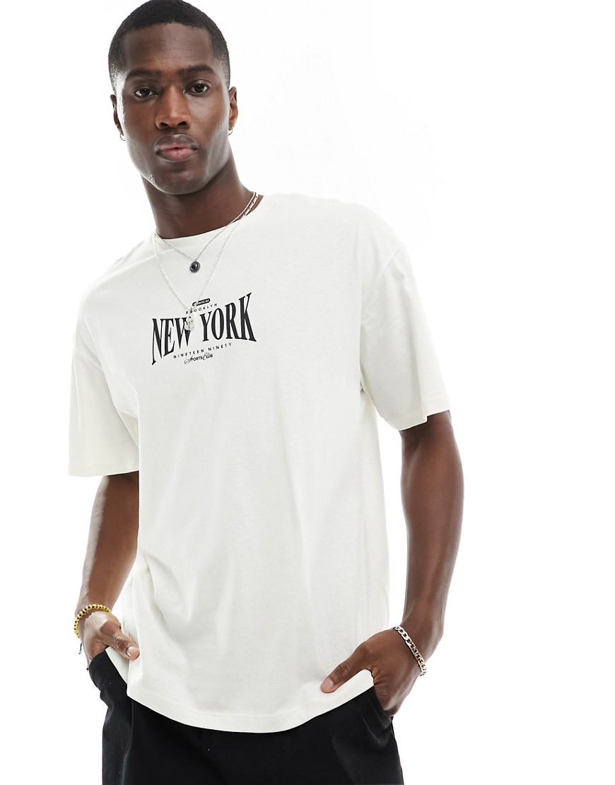 Jack & Jones oversized t-shirt with New York chest print in ecru-Neutral