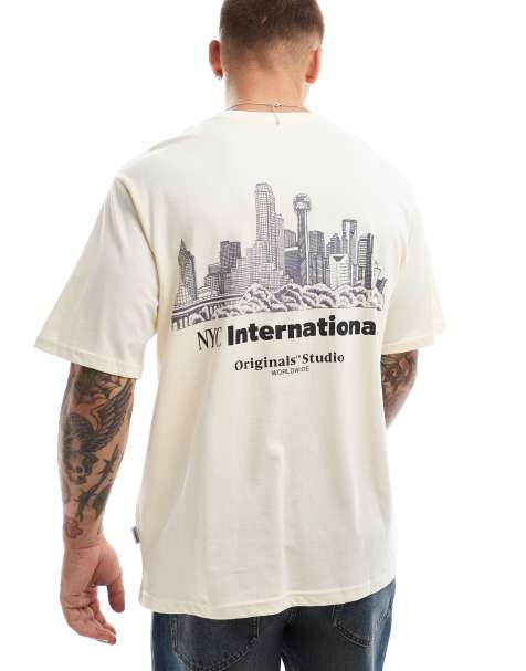 Jack & Jones oversized t-shirt with NYC back print in buttercream - view 1
