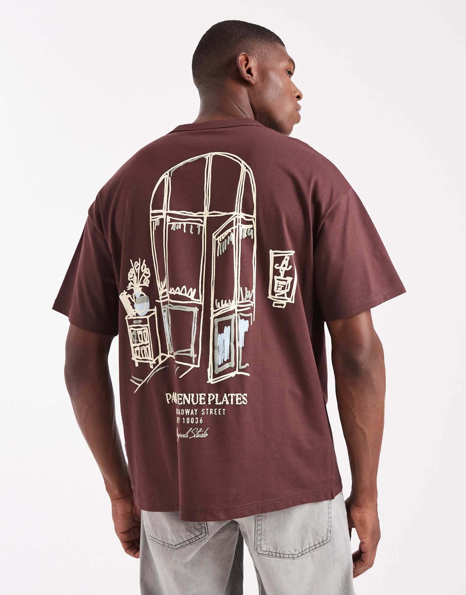 Футболка оверсайз Jack &Jones с оригинальным рисунком коричневого цвета