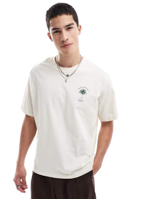 Jack & Jones – Beżowy T-shirt oversize z nadrukiem palmy