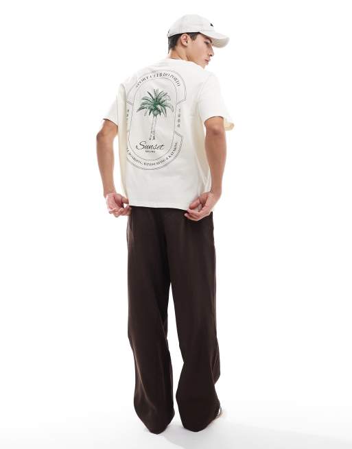 Jack & Jones – Beżowy T-shirt oversize z nadrukiem palmy