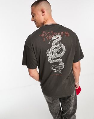 Jack & Jones oversized t-shirt with serpent back print in washed black