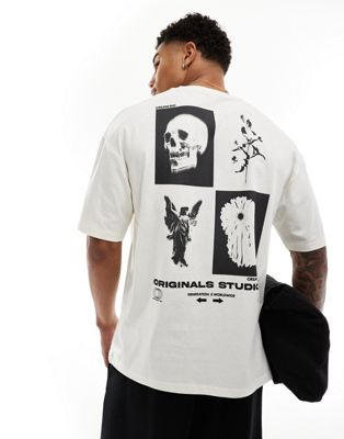 Jack & Jones oversized t-shirt with skull back print in off white