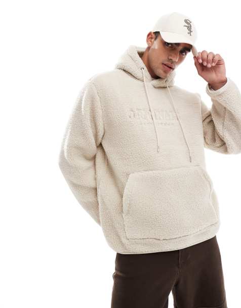 Jack & Jones oversized teddy hoodie with embroidered logo in beige - view 1