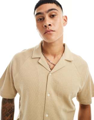 oversized textured revere collar shirt in beige-Neutral