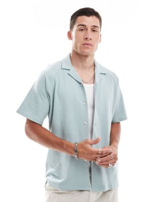 oversized textured revere collar shirt in pale blue