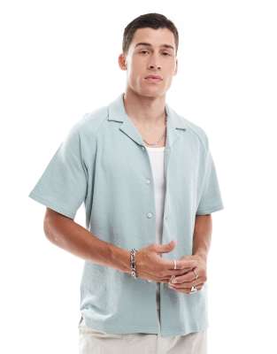 Jack & Jones Oversized Textured Revere Collar Shirt In Pale Blue