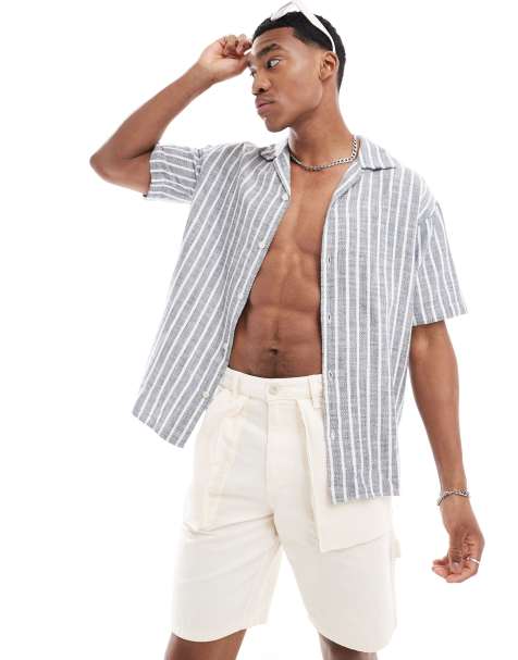 Jack & Jones oversized textured shirt in blue stripe - view 1