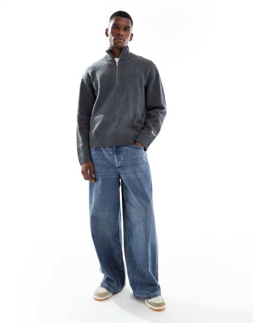 Jack & Jones oversized thick 1/4 zip sweater in dark gray | ASOS