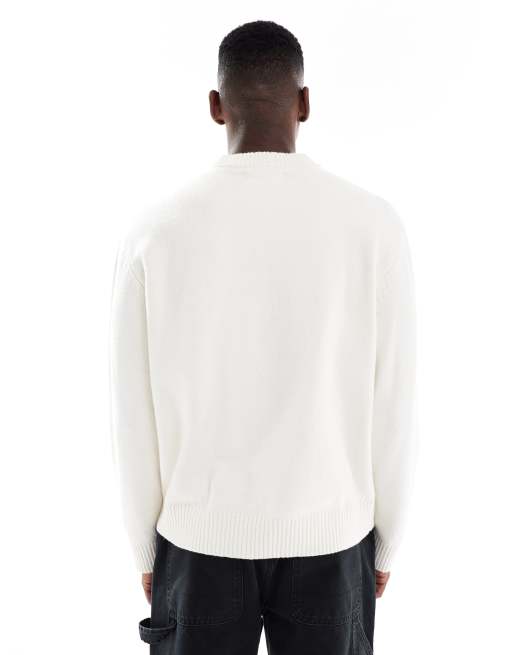 Jack & Jones oversized thick crew neck jumper in cream, 3 of 5