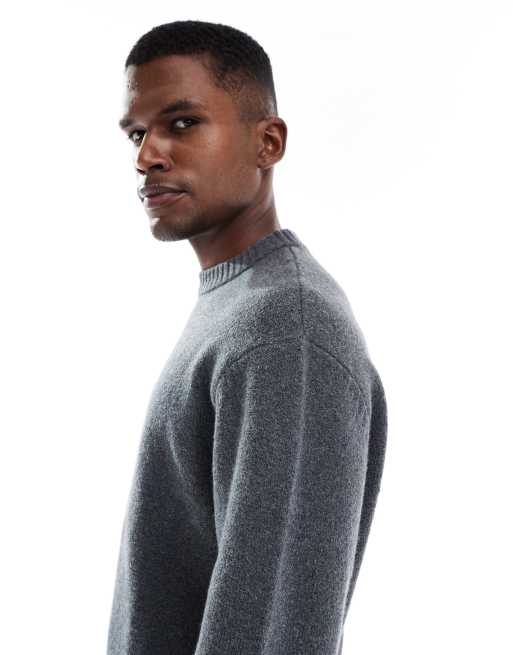 Jack & Jones oversized thick crew neck jumper in dark grey, 4 of 5