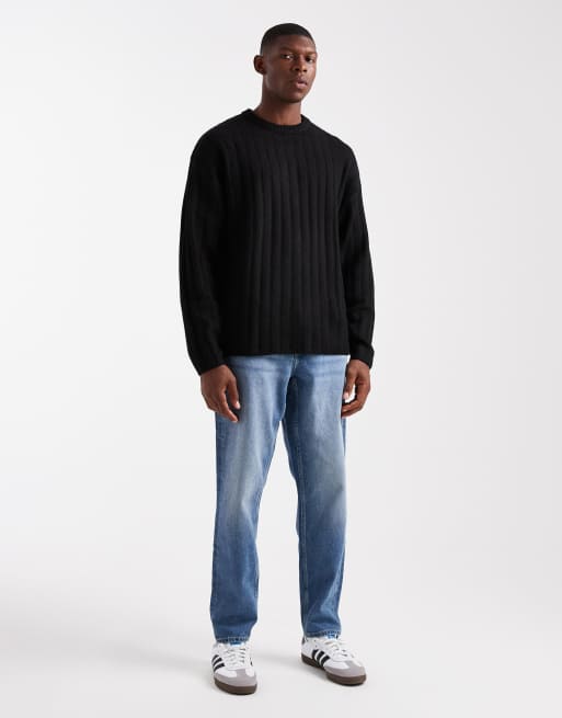 Jack & Jones oversized thick rib knit sweater in black