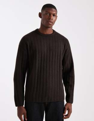 Jack & Jones Oversized Thick Rib Knit Sweater In Brown