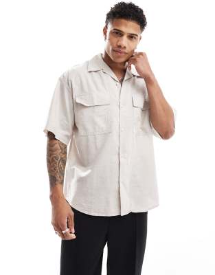 Jack & Jones Oversized Utility Pocket Linen Shirt In Beige-neutral